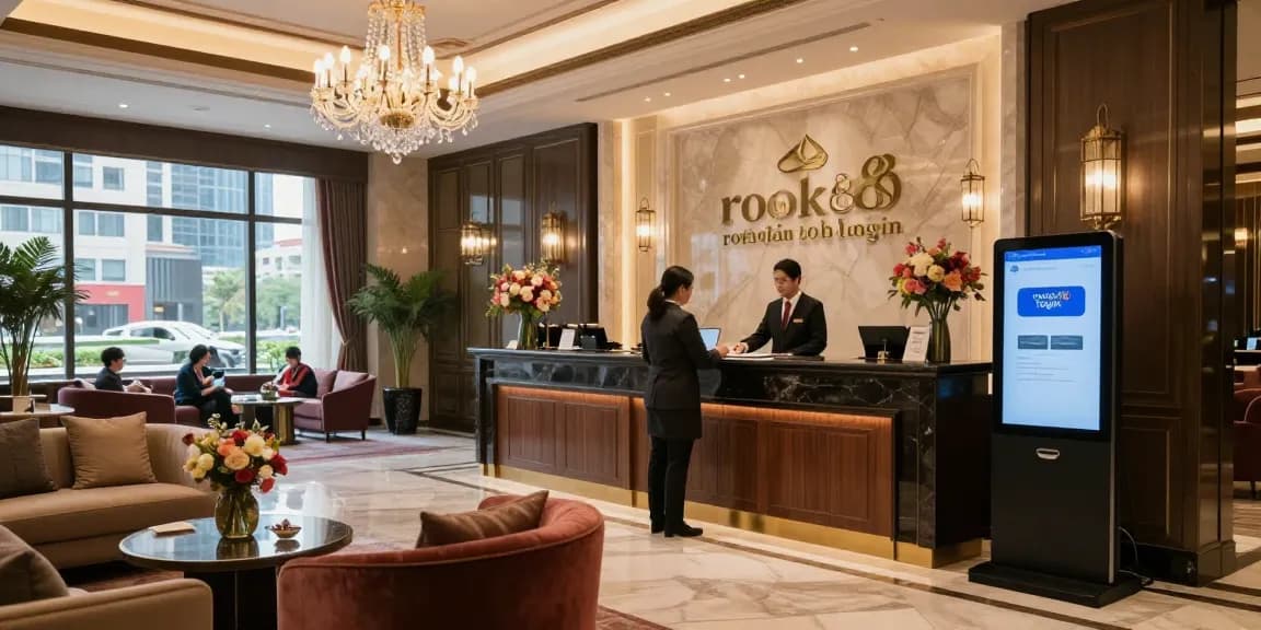 Guest engaging in 'rokok88 login' at a luxurious hotel lobby with elegant decor and professional staff.