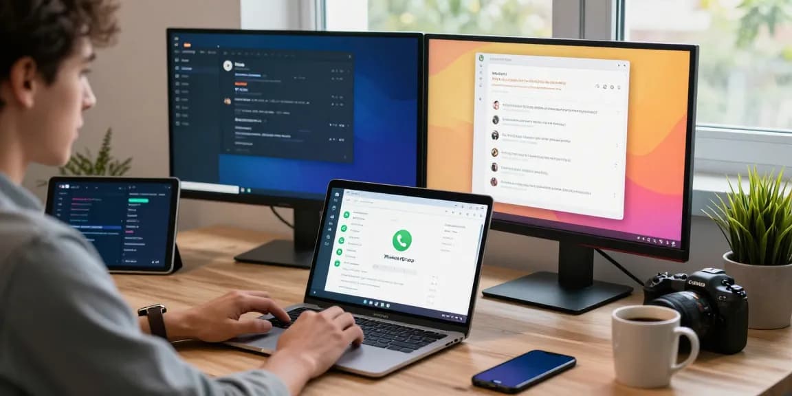 Using WhatsApp網頁版 on a laptop, modern workspace filled with tech gadgets and ambient decor.
