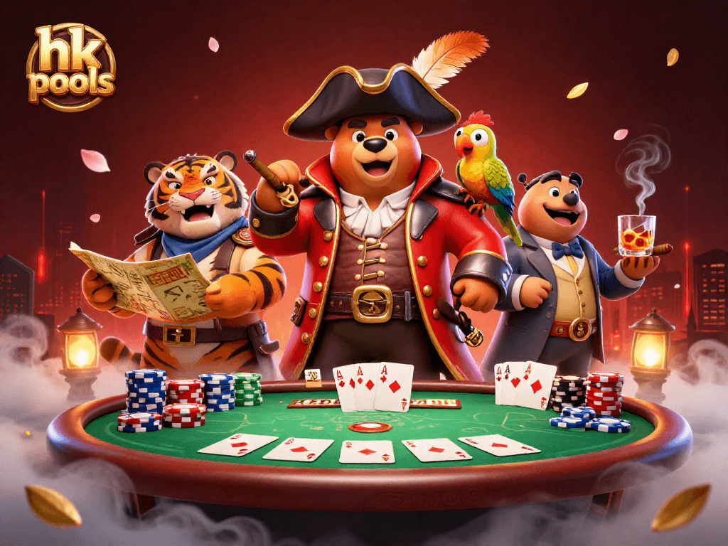 Hasil hk pools menampilkan kapten beruang bajak laut dan teman harimau di meja poker.