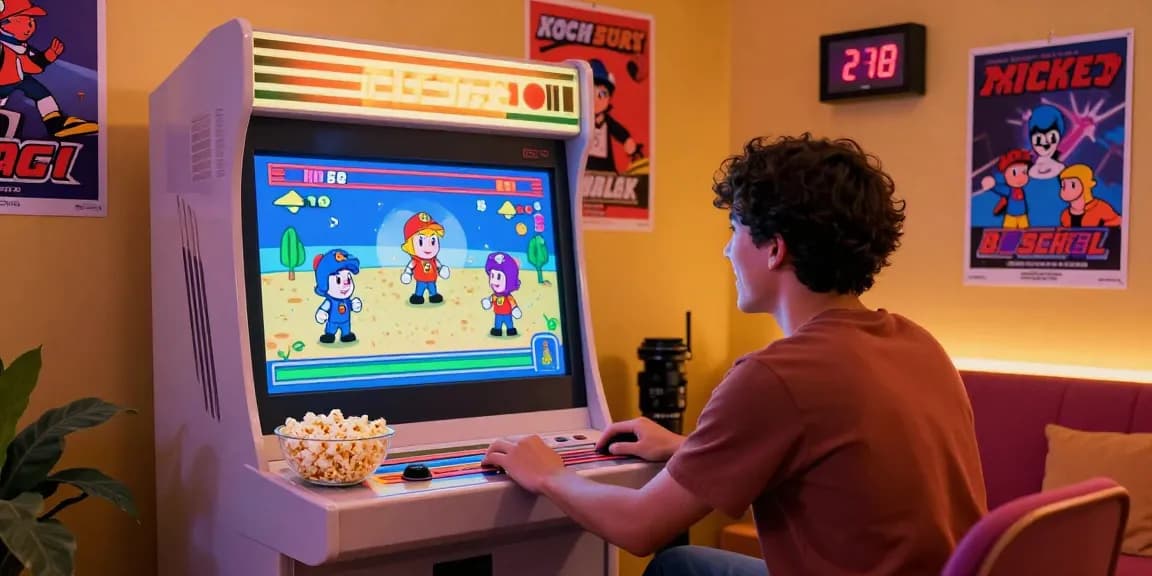 Pengalaman bermain lazadatoto di ruang tamu yang ceria dengan konsol arcade klasik.