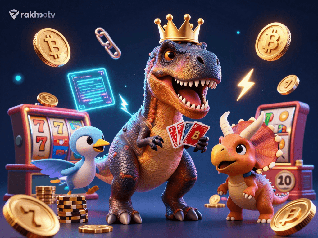 Experience thrilling action with rakhoitv’s vibrant T-Rex shuffle cards and neon coins in a dazzling casino.