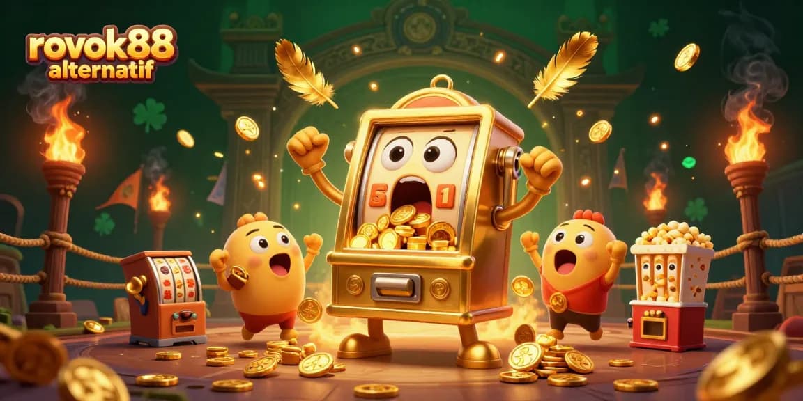 Engage with rokok88 alternatif as a golden slot machine celebrates a jackpot amidst cheering characters.