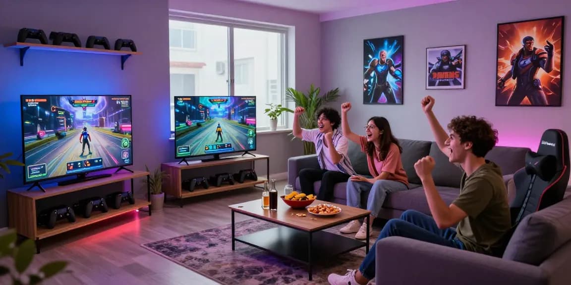 Kelompok teman menikmati pengalaman bermain game Polo4d di ruang tamu modern yang nyaman.