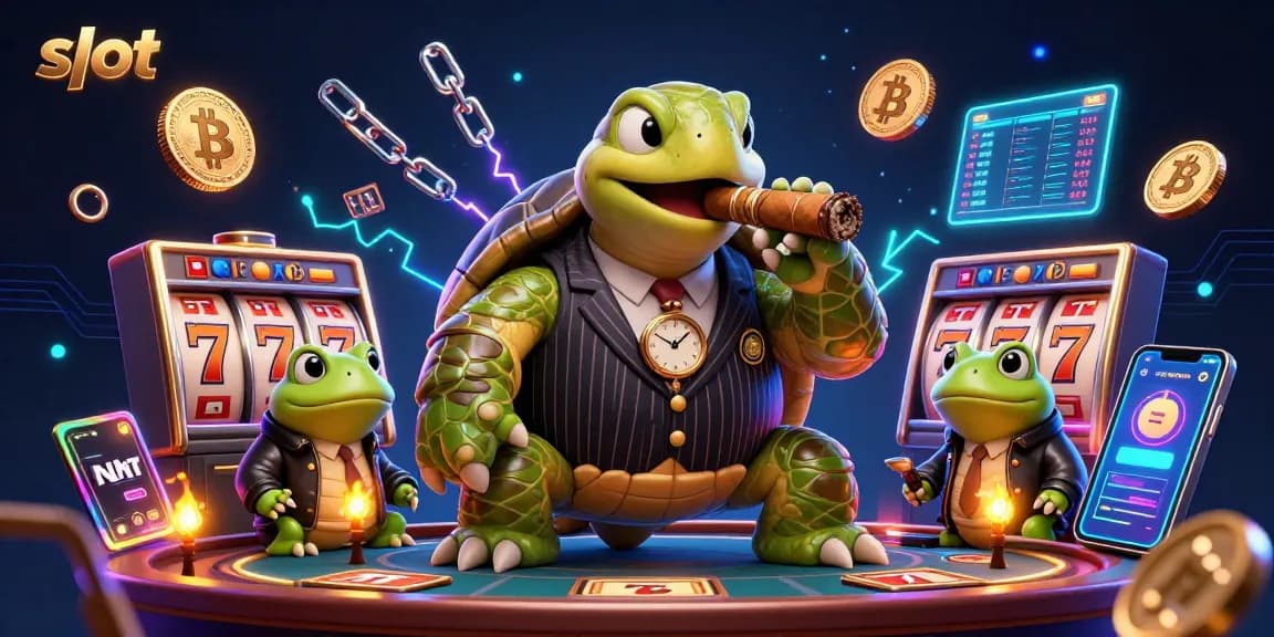 Play slot games with a snapping turtle mobster, surrounded by neon tokens and jackpot symbols.