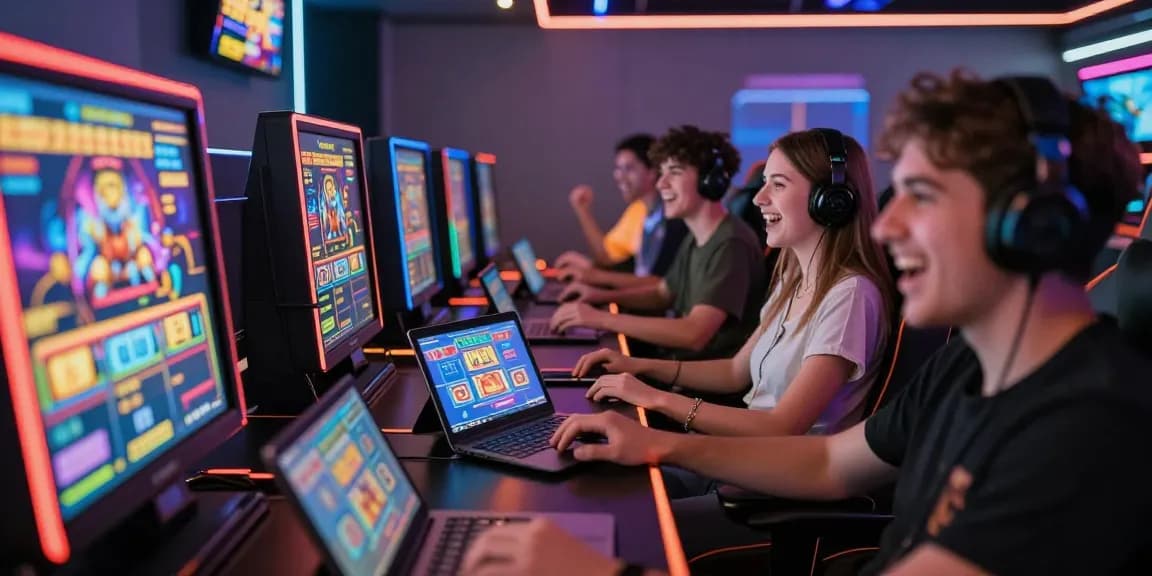 Excited gamers enjoying slot games on multiple devices, showcasing thrilling online gaming experience.