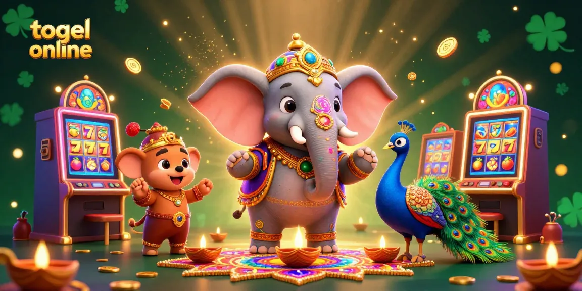 Permainan togel online yang menyenangkan dengan kombinasi gajah dan merak serta mesin slot berwarna-warni.