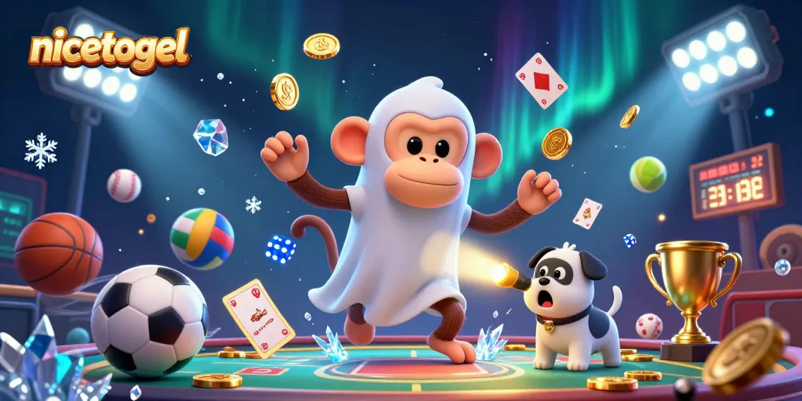 Experience the vibrant excitement of Nicetogel with a poltergeist monkey juggling golden casino elements.