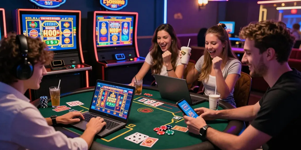 Excited players enjoying online casino games on rajaberas88 with vibrant graphics and cozy atmosphere