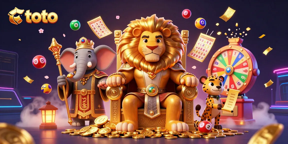 Engage in the thrilling world of toto with a vibrant casino scene featuring a lion king and lottery elements.