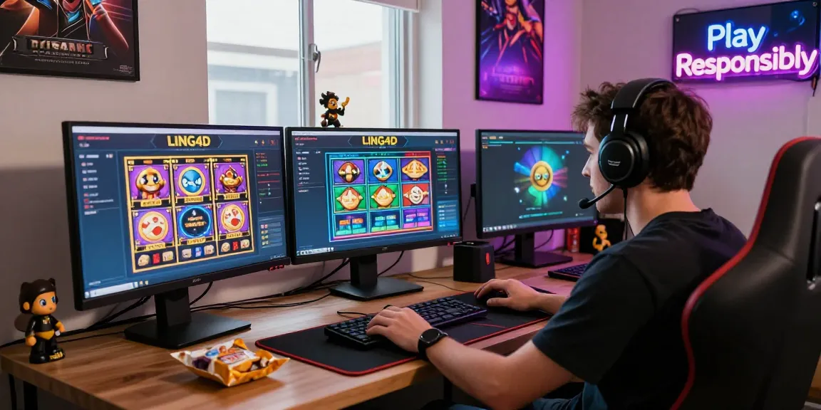 Immersive LING4D gaming scene with player at computer, engaging in vibrant online slot games.