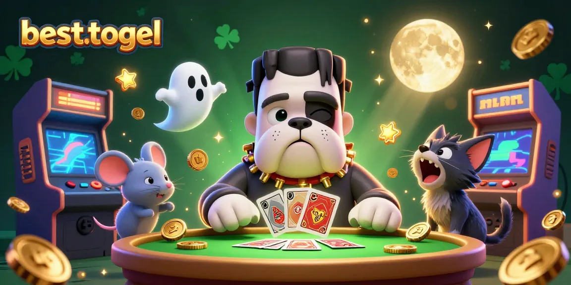 Besttogel's Frankenstein bulldog monster deals cards at a vibrant casino table.