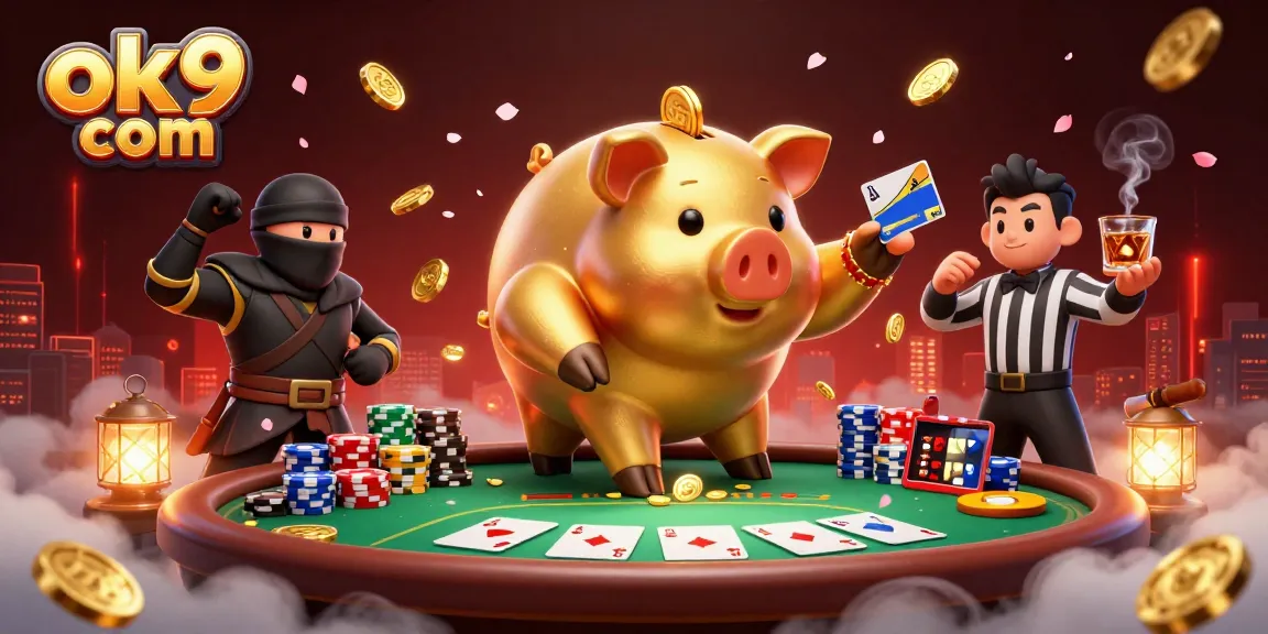 Engage in thrilling gameplay at ok9 com with a golden piggy bank sumo wrestler and dynamic poker scene.