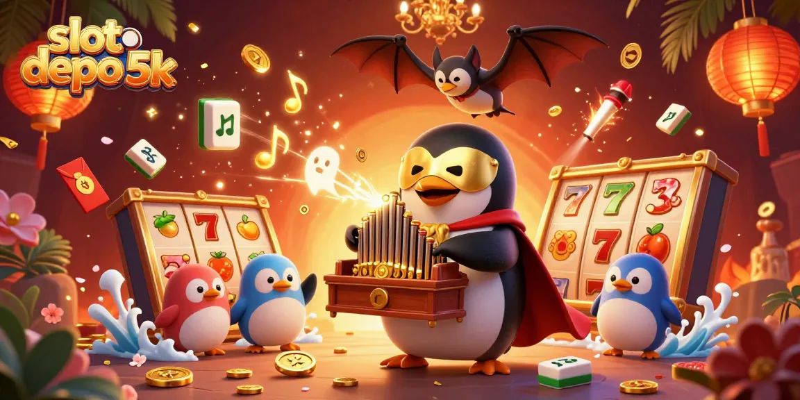 Engage with slot depo 5k illustration featuring a 3D cartoon penguin at a vibrant casino scene, capturing the excitement of spinning slot machines and lively action.