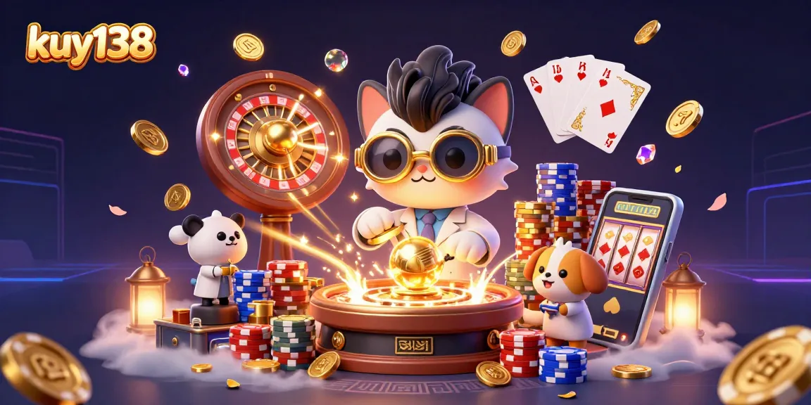 在嗨玩的kuy138中，猫咪科学家与狗狗助手共同创作金币复制机，营造出激动人心的赌博氛围