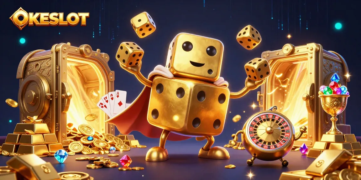 Mainkan permainan slot OKESLOT dengan simbol kemenangan yang memukau dan harta karun berkilauan di sekitar.