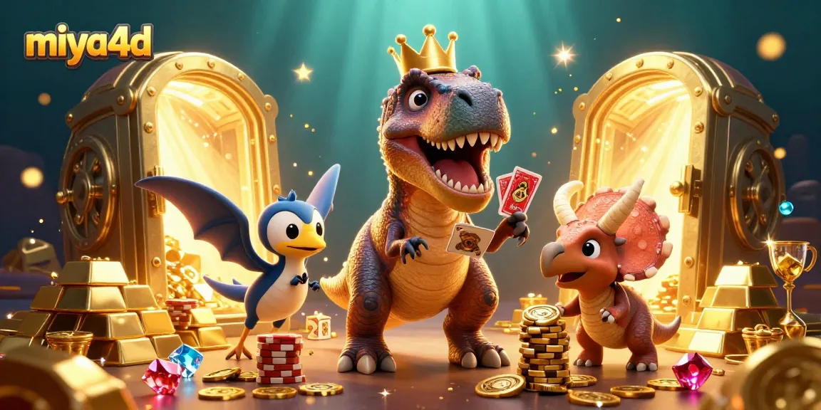 Miya4d captures a lively casino scene showcasing a friendly T-Rex and friends engaging with chips and cards.