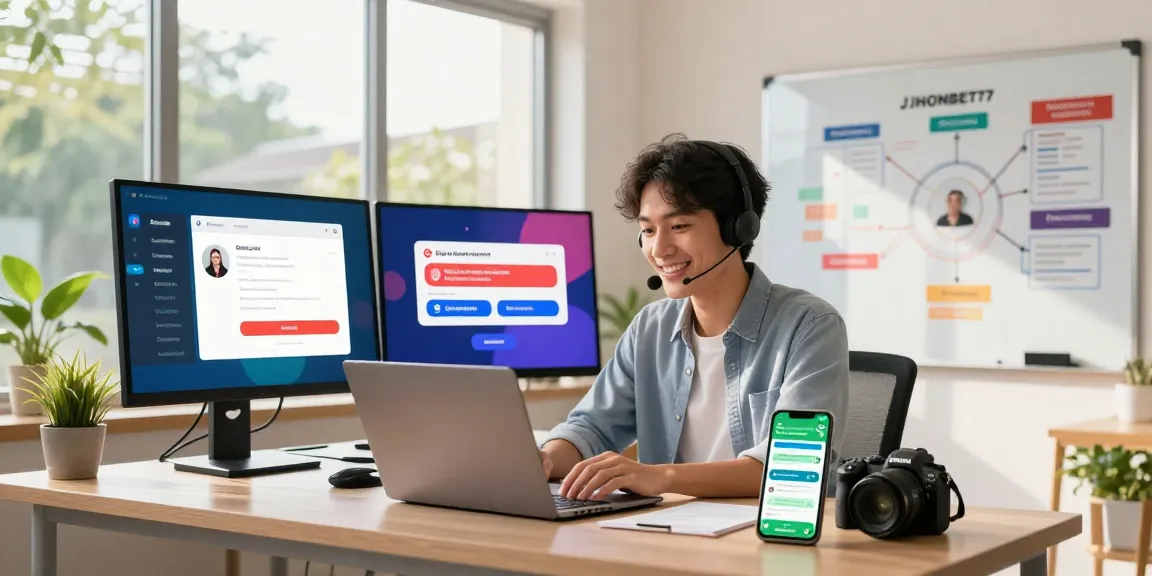 Halaman akses pengguna geneia.com dengan agen dukungan pelanggan aktif dalam live chat menjelaskan berbagai kanal layanan JHONBET77.