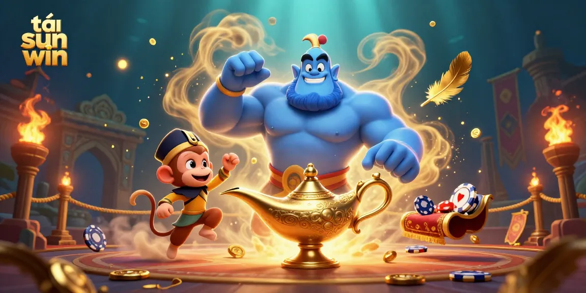 Play exciting games at tải sun win with a dynamic casino illustration featuring a genie and poker chips.