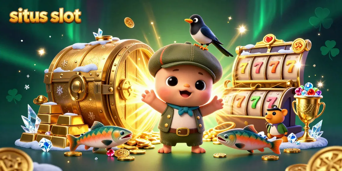 Spin slots with playful characters as baby Nessie finds treasure in this colorful scene promoting situs slot.