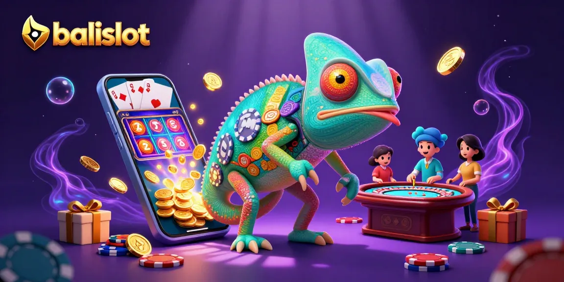 Bermain di balislot dengan chameleon kasino yang menyaksikan meja roulette dan layar slot yang penuh koin emas.