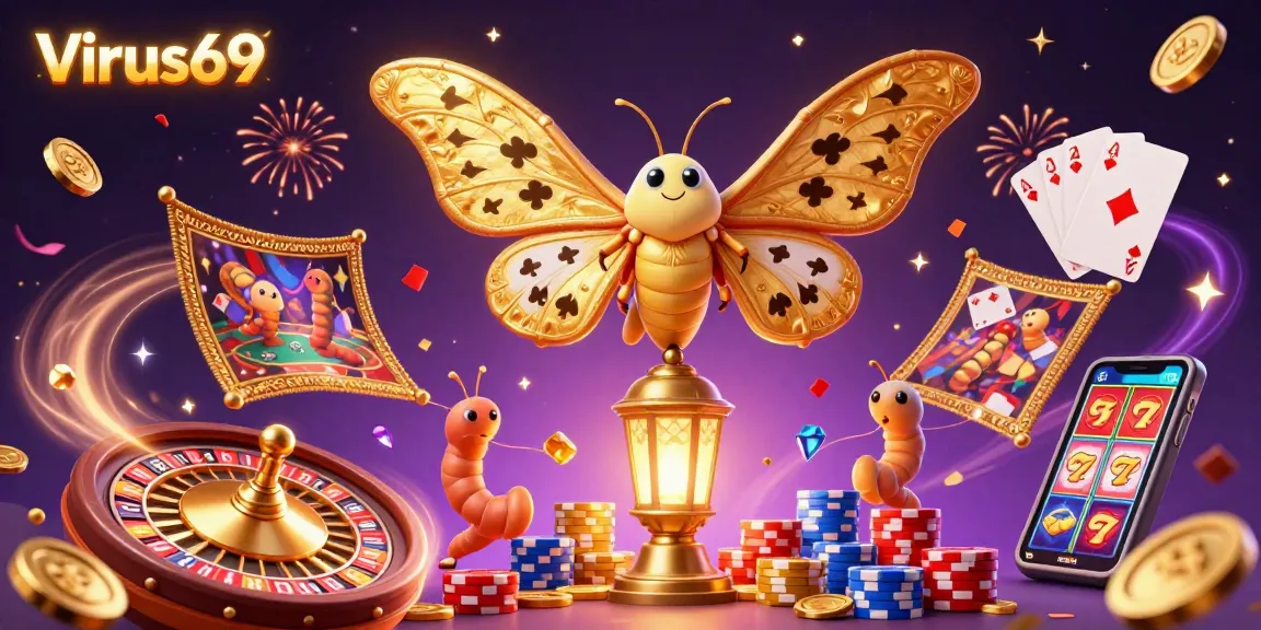 Experience winning opportunities with Virus69, showcasing a vibrant casino scene filled with golden coins and games.
