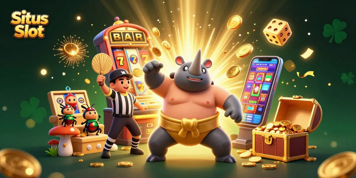 The Situs Slot scene showcases a dynamic 3D cartoon sumo beetle champion amidst a jackpot explosion of coins and vibrant casino elements.