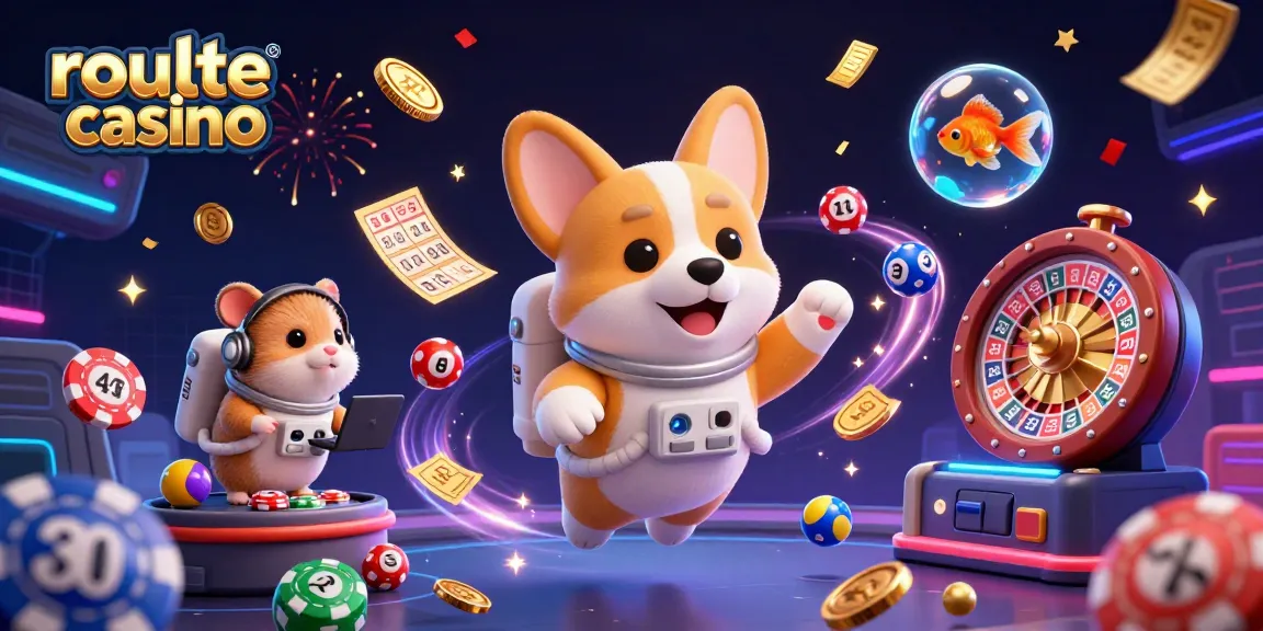 Engage with the vibrant roulette casino scene featuring a corgi and golden coins in space.