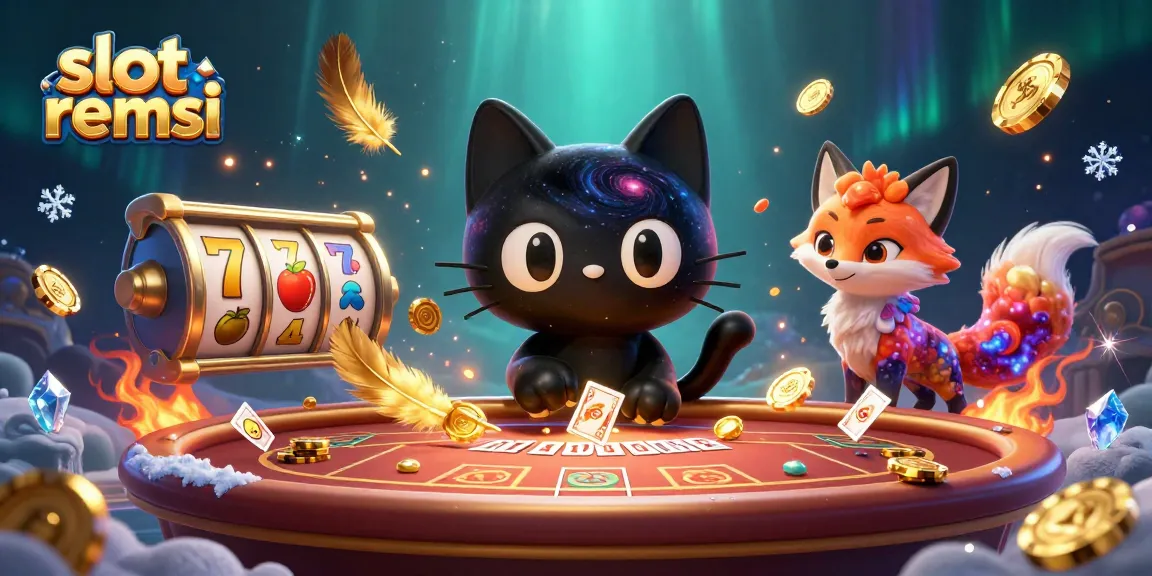Menghadirkan slot remsi, kucing hitam berputar menarik chip emas di meja kasino, dikelilingi koin dan simbol permainan.