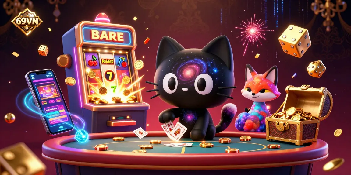 Experience the allure of 69VN casino with a cosmic 3D scene featuring whimsical characters, dynamic game elements, and vibrant visuals.