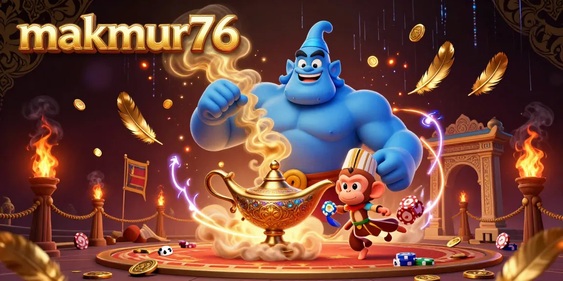 Experience the excitement of makmur76 with a vibrant 3D illustration of a genie, monkey, and casino elements.