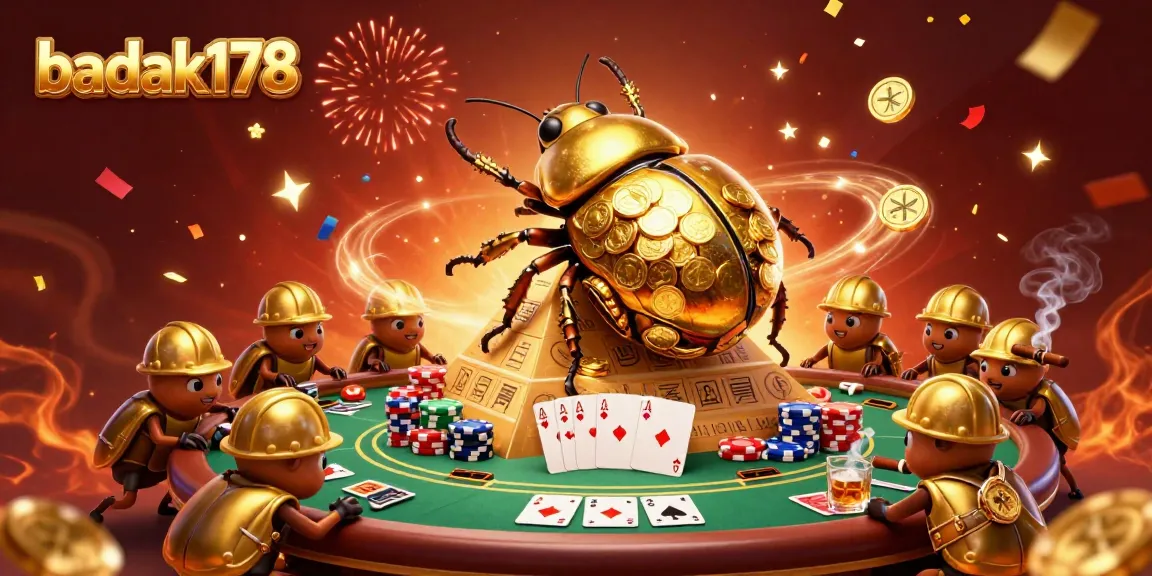 Engage in thrilling poker action with badak178 featuring a massive golden dung beetle and vibrant casino elements.