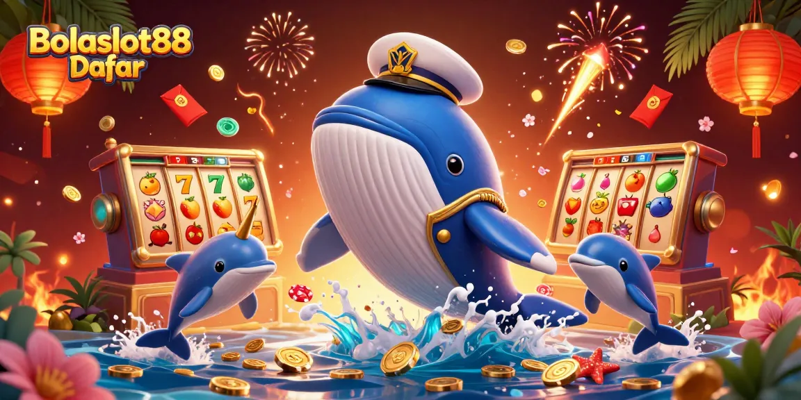 Bolaslot88 Daftar showcases a whimsical 3D scene of a whale breaching through coins, highlighting online gaming fun.