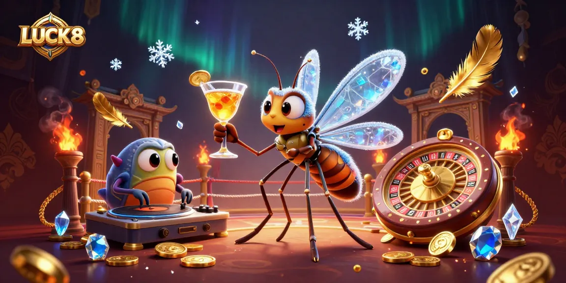 LUCK8 casino illustration with a playful mosquito mascot, trilobite DJ, and roulette wheel.