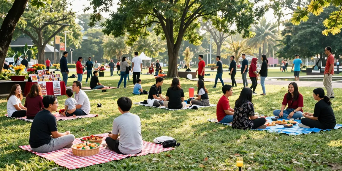 Acara komunitas ceria di taman lokal dengan Leci123 dan aktivitas outdoor.