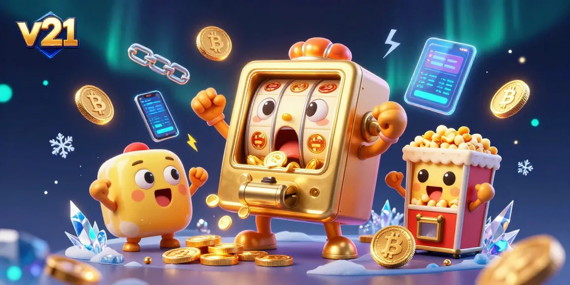 v21 merayakan kemenangan jackpot dengan mesin slot dan koin emas yang berjatuhan.