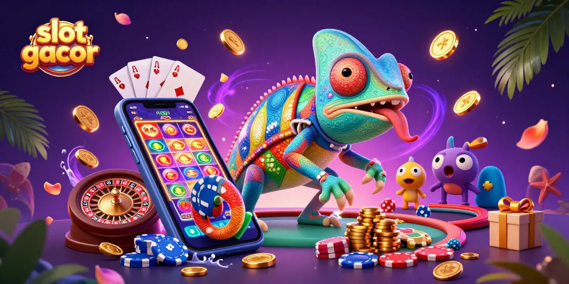 Permainan slot gacor dengan reptil kasino besar yang menangkap koin emas dengan lidahnya di tengah banyak elemen kasino.