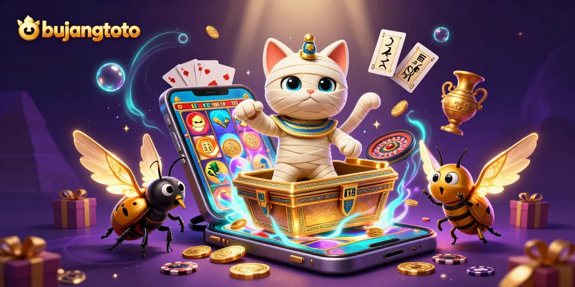 Bujangtoto menampilkan kucing mummy Mesir yang keluar dari sarkofagus emas dengan permainan slot menarik dan efek cahaya bioluminescent yang memukau.