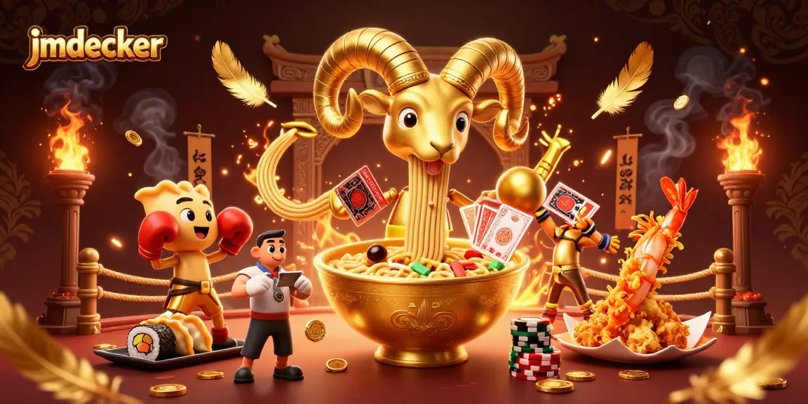 Play exciting slots at jmdecker with this vibrant illustration featuring a golden ramen bowl dealer and dynamic casino elements.