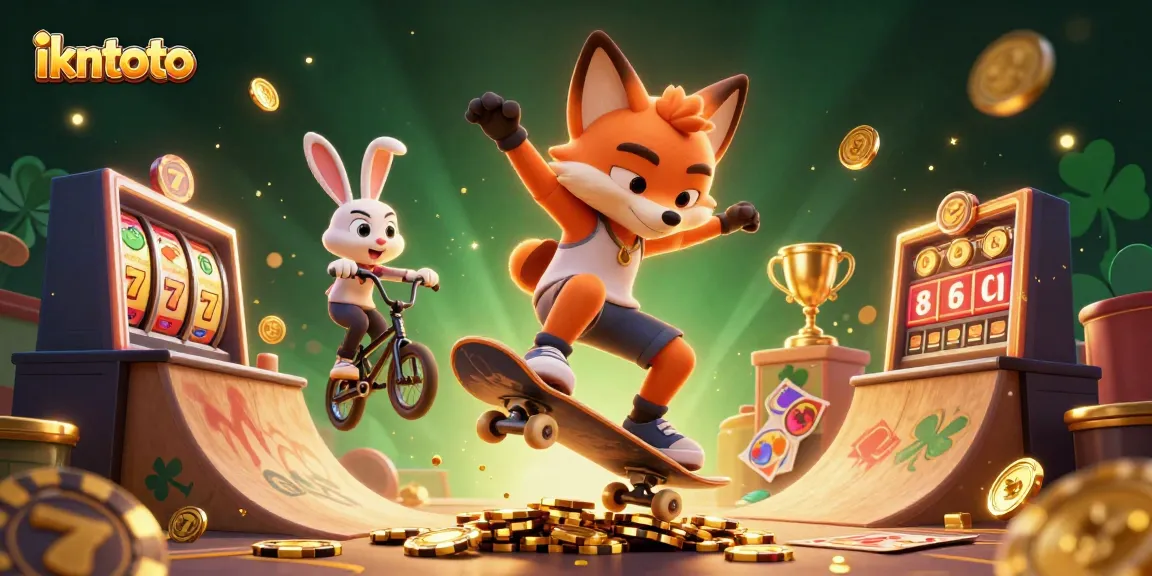 Experience ikntoto's thrilling gaming adventure with a 3D cartoon fox and rabbit in a vibrant casino scene.