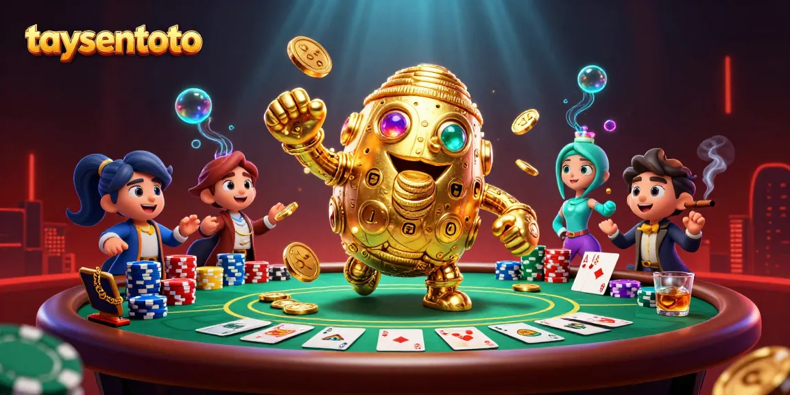 Menggandakan kesenangan dengan taysentoto, golem emas kuno dikelilingi elemen poker dan efek cahaya dramatis.