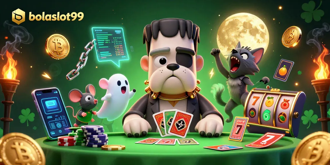 Engage with bolaslot99, featuring a Frankenstein bulldog at a spooky card table amidst crypto coins and vibrant casino elements.