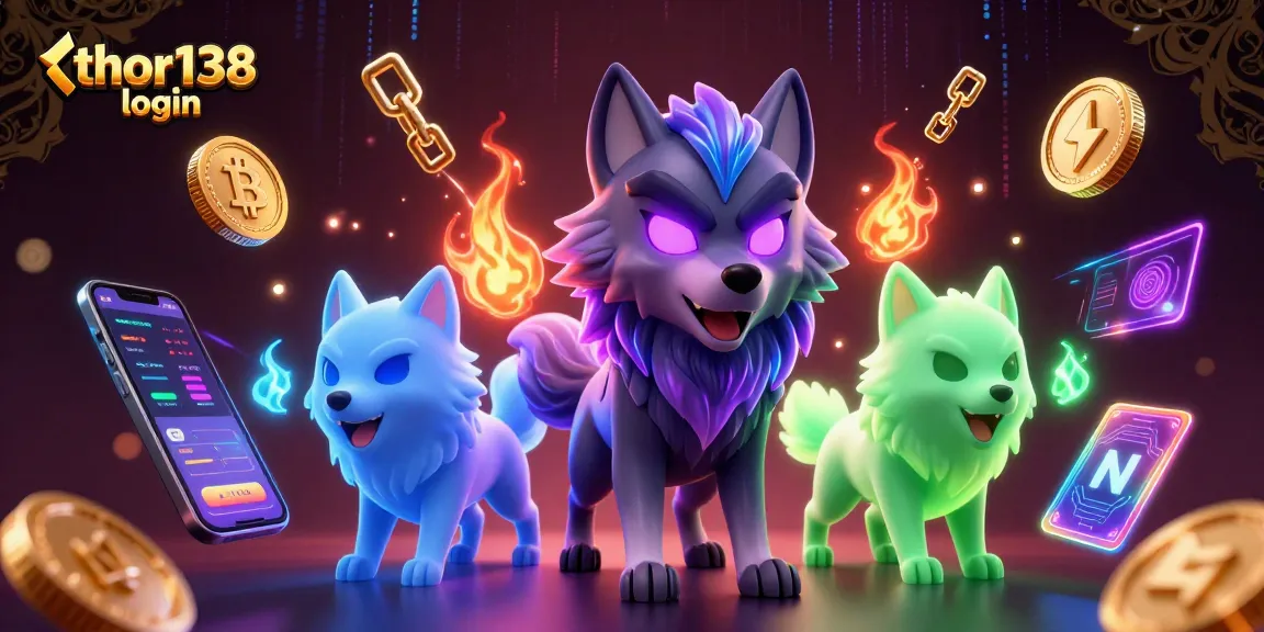 Login thor138 dengan karakter serigala 3D dan elemen blockchain dalam ilustrasi kasino menarik.