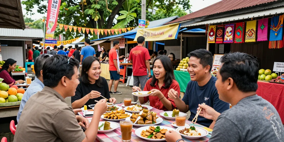 Pesta kuliner Leci123 di pasar lokal dengan teman-teman menikmati hidangan tradisional Indonesia.
