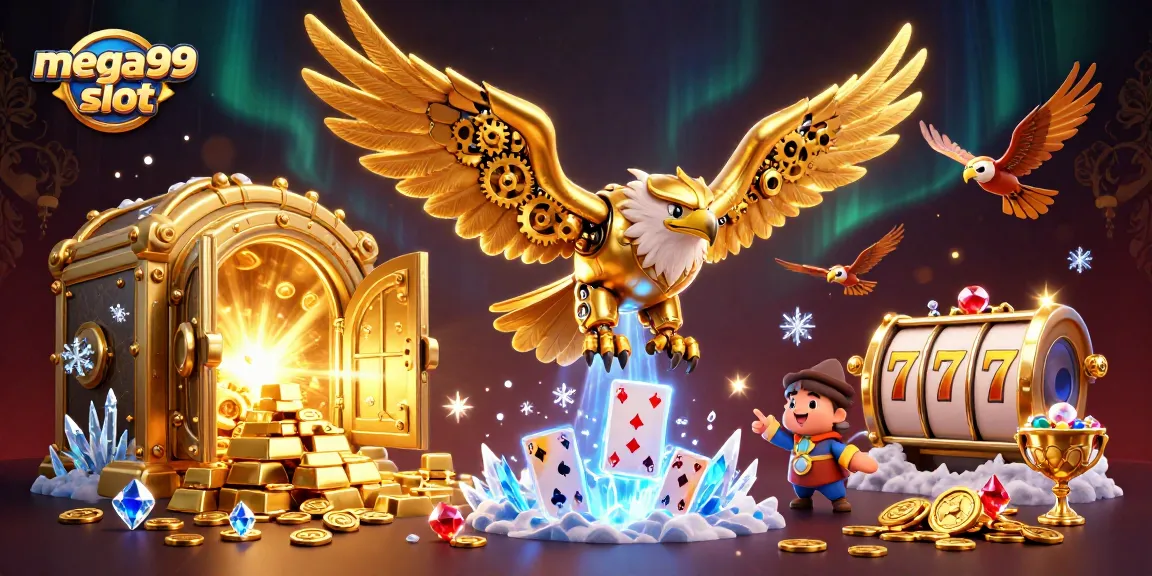 Spin and win at mega99 slot with a golden eagle and treasure elements in the casino.