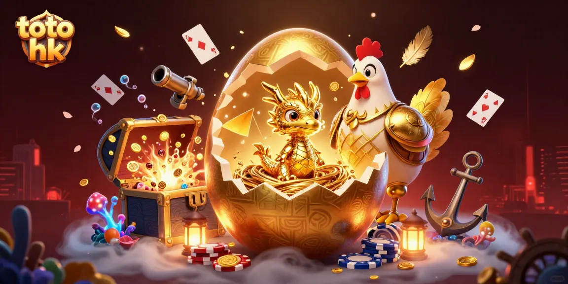 Menangkan toto hk dengan simbol slot yang penuh keberuntungan dan elemen kasino di antara naga emas dan chip poker.