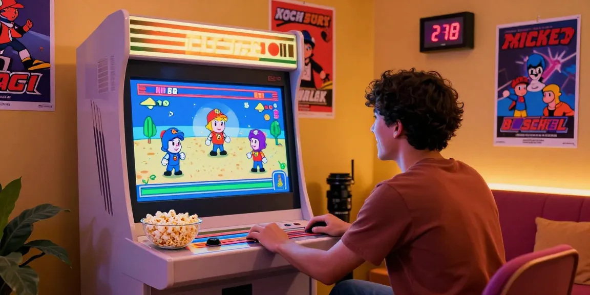 Pengalaman bermain lazadatoto di ruang tamu yang ceria dengan konsol arcade klasik.