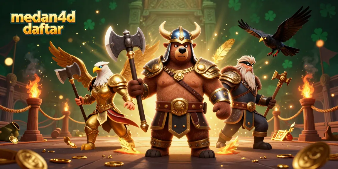 Gameplay medan4d daftar yang menarik dengan tema kasino, karakter Viking dan elemen emas di sekitar.