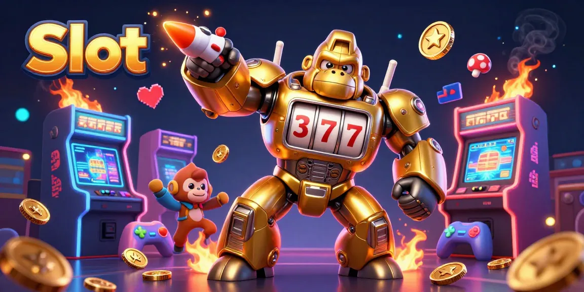 Experience thrilling Slot gameplay with a golden mech and vibrant arcade elements in this dynamic digital illustration.