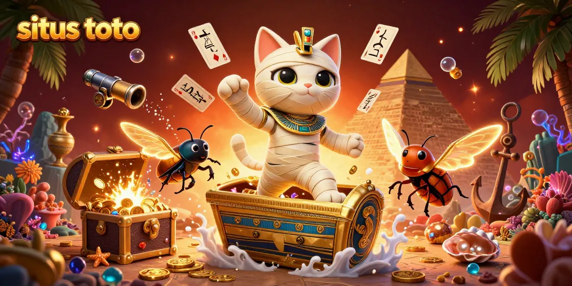 Melacak situs toto dengan ilustrasi kucing mummy 3D dan harta karun berkilau dalam kasino.