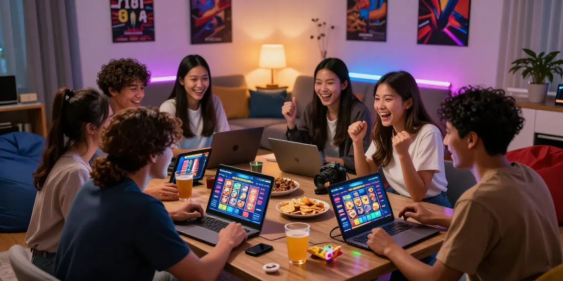 Nagahitam303 Slot gaming scene with friends enjoying interactive gameplay and snacks in a cozy setting.